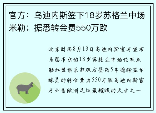 官方：乌迪内斯签下18岁苏格兰中场米勒；据悉转会费550万欧